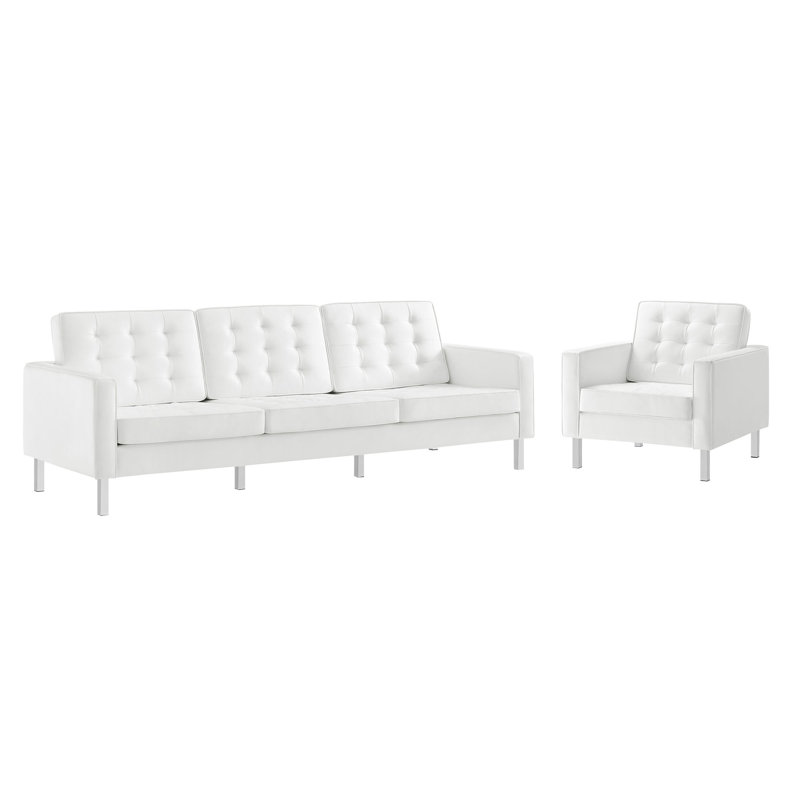 Ensemble de canapé et fauteuil capitonné Loft, Simili cuir blanc
