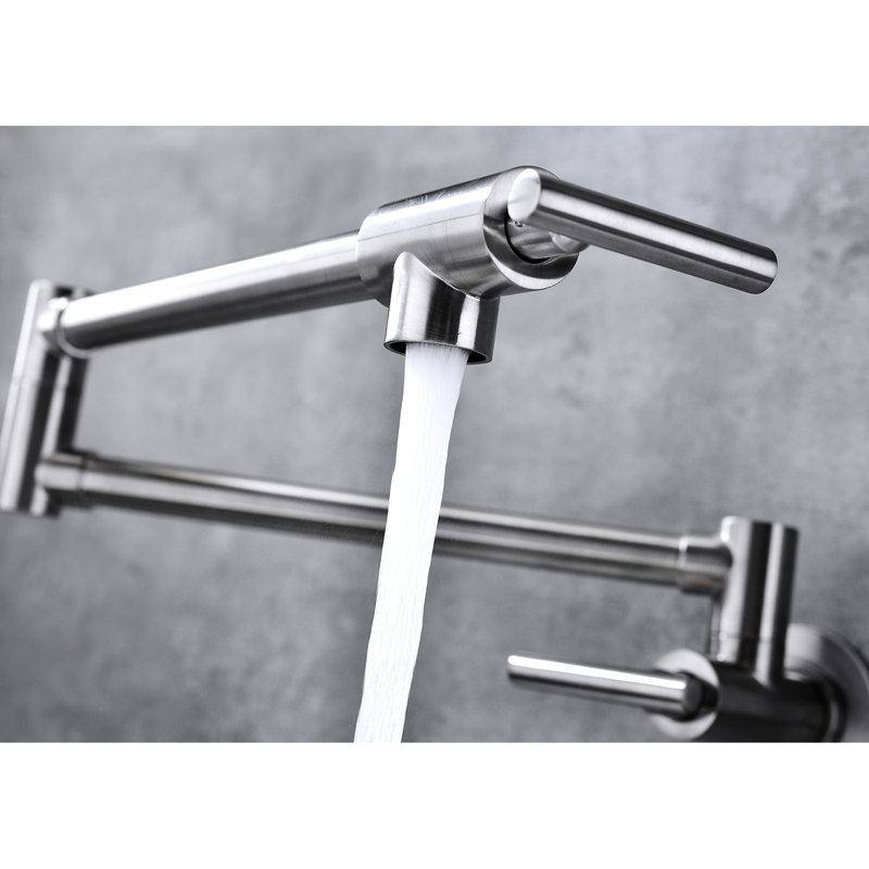 Wall Mount Pot Filler Faucet In Brushed Nickel - Folding Feature, 360 Rotation, Quality Brass, Double Handles For Controlled Water Discharge, Corrosion Surface Coating Style, Rotatable, Seamless Flow