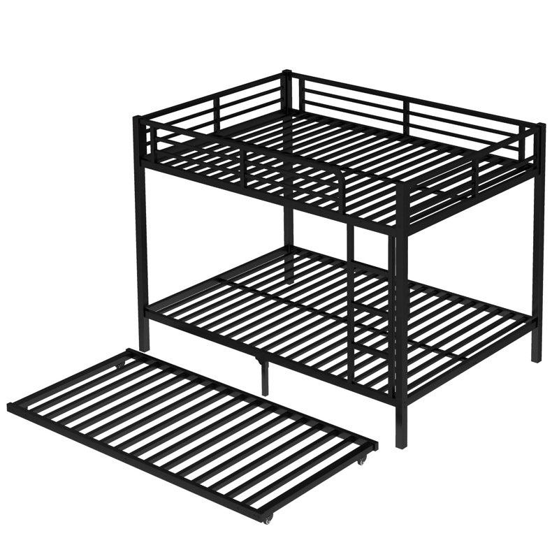 Metal Bunk Bed with Trundle, Black, Full Over Full