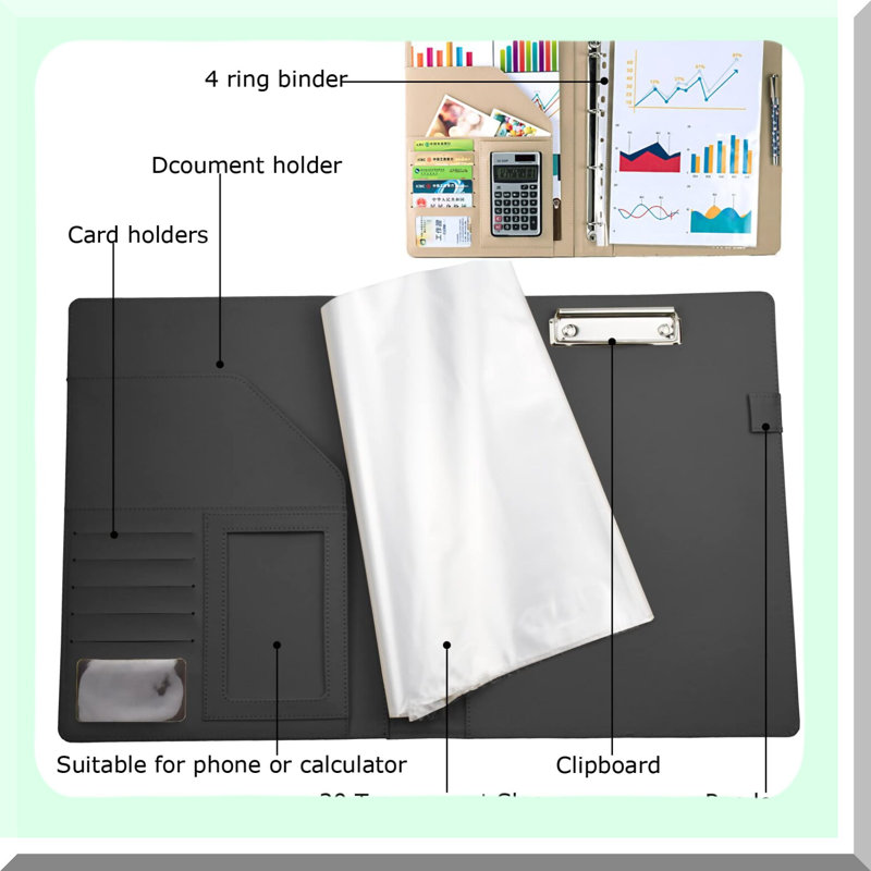 Synthetic Leather Padfolio with Ring Binder and Clipboard