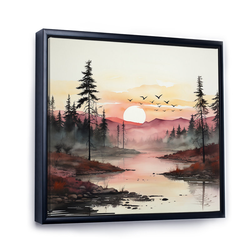 Pink Sunset Over Lake River - Landscapes Canvas Prints, H 36 po x l 36 po x P 1,5 po, Cadre flottant noir