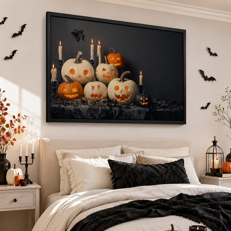 Art mural sur toile sculpté citrouilles blanches et oranges avec bougies allumées, 16"H x 24"W