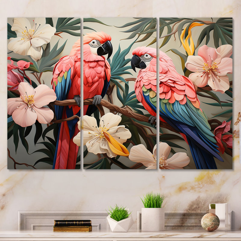 Fleurs tropicales roses et bleues - art mural perroquet III, Toile tendue, H 28 po x l 36 po