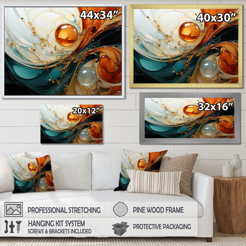 Orange et or planète vagues III - peinture abstraite, art mural, Toile tendue, H 24 po x l 32 po x P 1 po