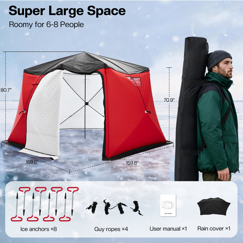 Insulated Pop-Up Ice Fishing Tent for 6-8 Persons, 3-Layer Oxford Fabric, Waterproof Rain Cover, Chimney Vent & Anchors, Red