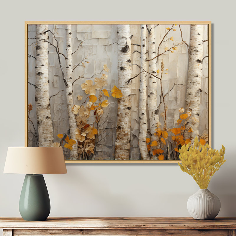 Élégance de bouleau d'automne - art mural grand arbre, Cadre flottant blanc, H 34 po x l 44 po x P 1,5 po