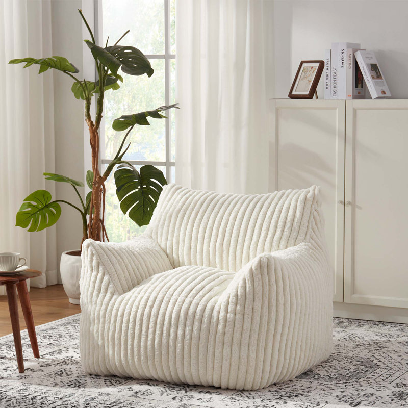 Modern Large Compression Faux Fur Bean Bag Chair, Spacious Lazy Sofa for Home, White, 27.9“ H x 37" W x 33"D