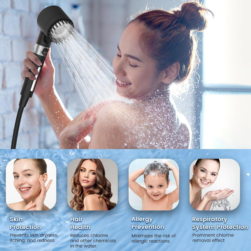 Black Handheld Filtered Shower Head with High Pressure and Multiple Spray Modes