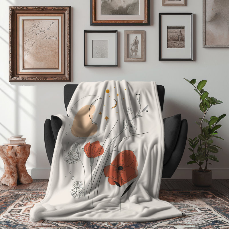 Simple Boho Flower Lines - couverture sherpa de qualité supérieure 1 pièce - reproduction d'art luxueuse, Grand lit