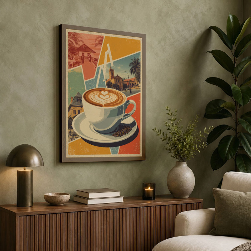 Coffee and Destinations Retro - Wrapped Canvas, 36x24 - 91.4 x 61.0 cm, Terracotta Border