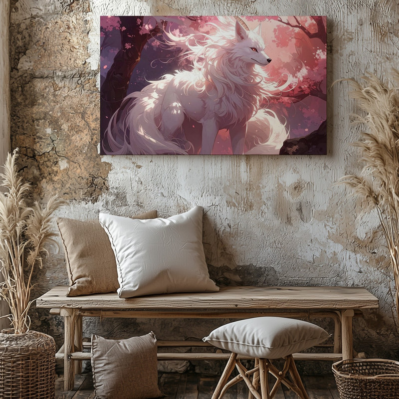 Toile mystique renard sous les fleurs de cerisier, H 20 po x l 30 po
