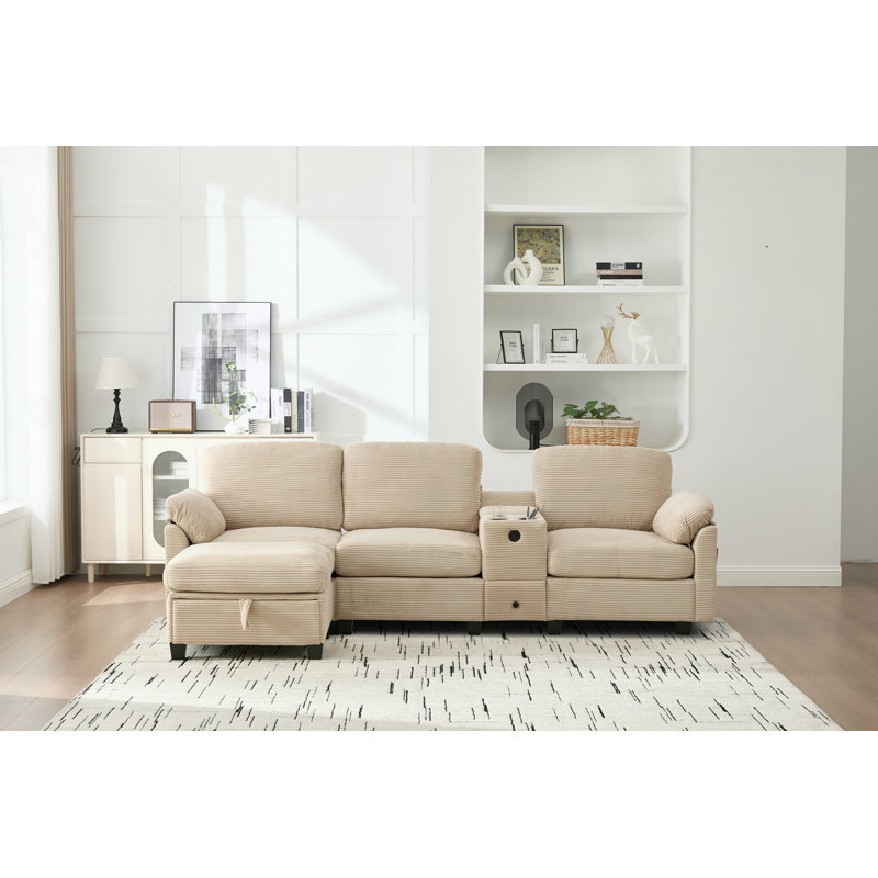 Canapé en velours côtelé multifonctionnel de type L: conception segmentée à 4 places avec porte-gobelet, port USB, boîte de rangement, console mobile et rangement de style repose-pieds, optimisé pour les appartements
