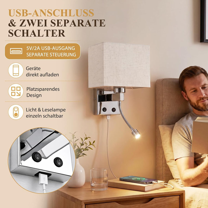 White Fabric USB Reading Wall Sconce