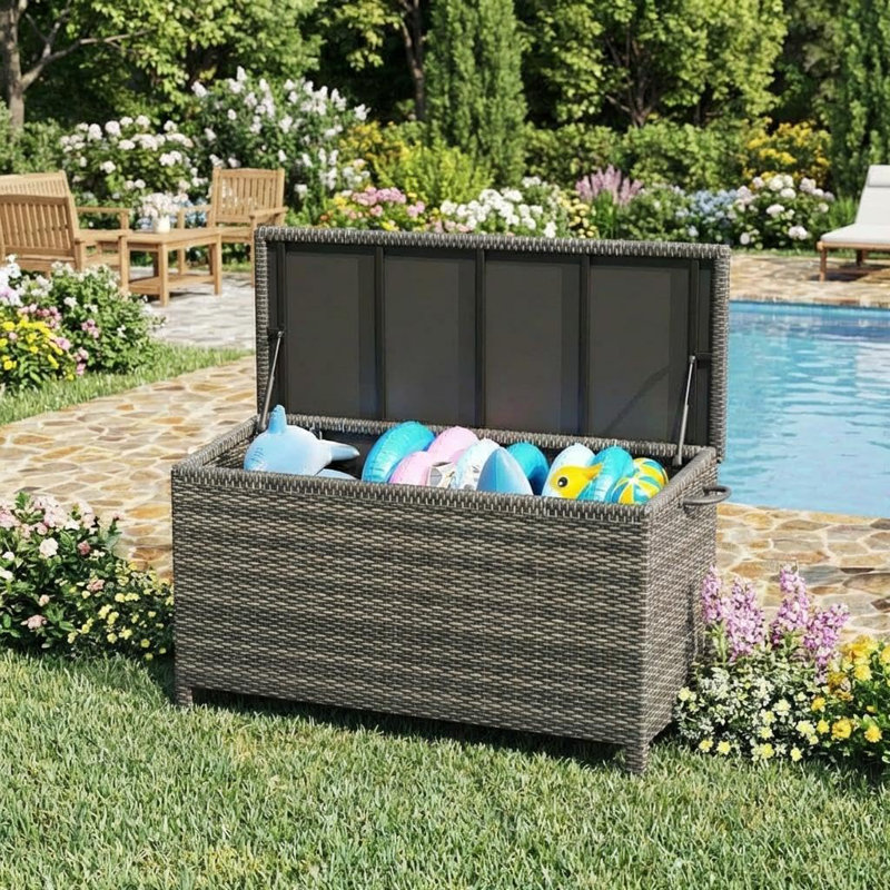 Outdoor Wicker Storage Box, PE Rattan Patio Storage Chest with Steel Frame, Weather-Resistant Deck Storage Box for Cushions, Garden Tools & Pool Accessories