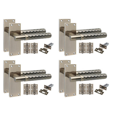 Golden Grace 4 Pairs Victorian Design Knurled Diamond Cut Door Handle Internal Pack Antique Brass Finish - Bathroom and Lock Set with Hinges - 120mm x 40mm