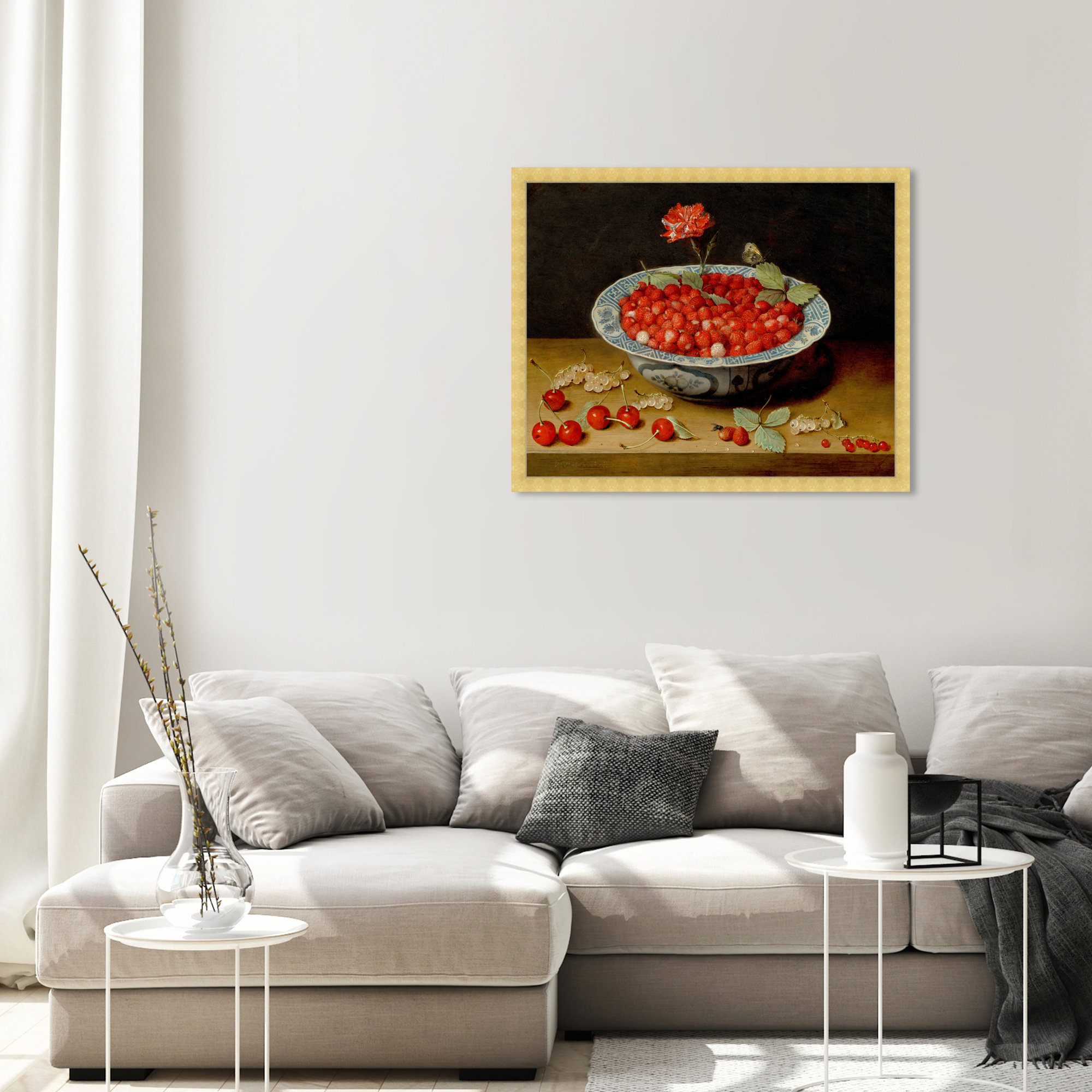 Van Hulsdonck - Wild Strawberries And A Carnation by Van Hulsdonck, 22" H x 27" W x 0.5" D, Gold