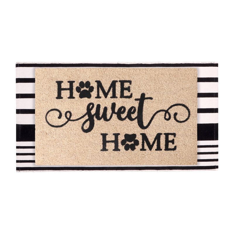 Ensemble de tapis de bienvenue 100% coco rayé noir et blanc - Home Sweet Home Design, 24 po x 36 po et 24 po x 51 po, support en PVC antidérapant robuste