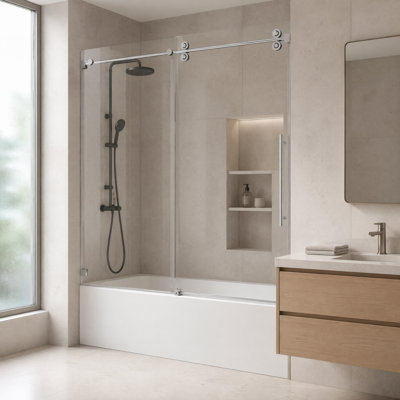 60" x 66"  Single-Slide Shower Door, One Fixed & One Sliding 10mm Reinforced Glass, Stainless Steel Guide Rail, Chrome Finish