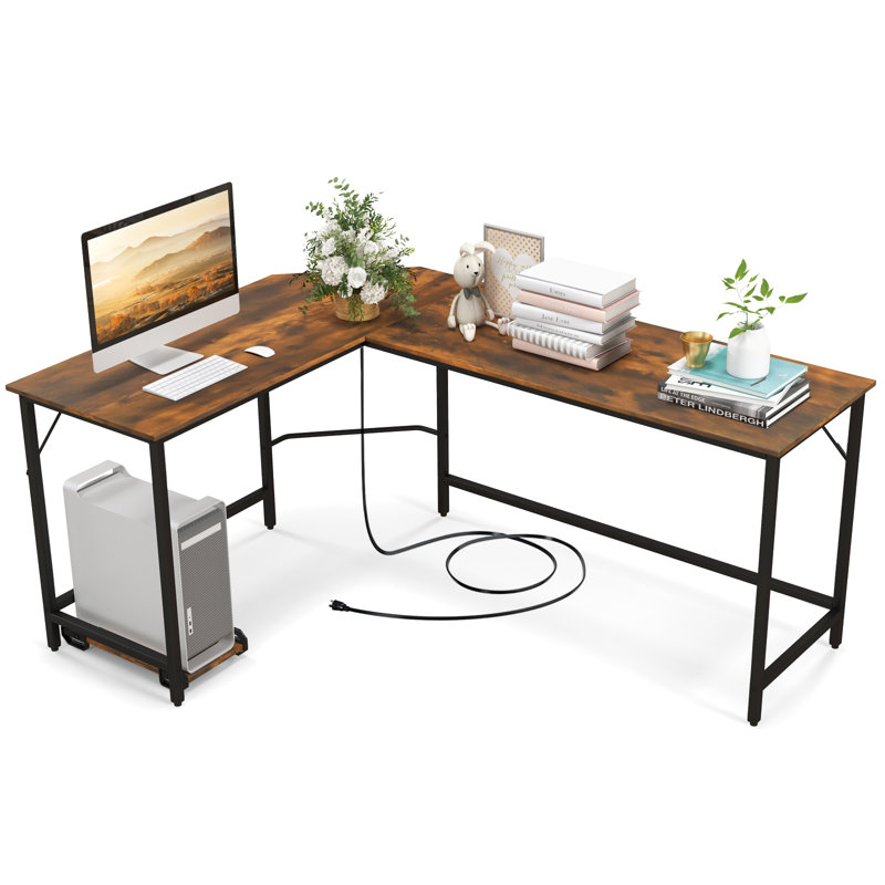 L-Shaped Metal Base Computer Desk, Rustic Brown