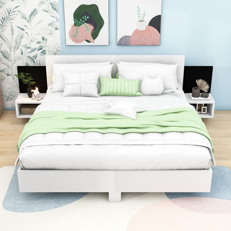 Modern Floating Platform Bed with LED Lighting and Built-in Nightstands, King, White