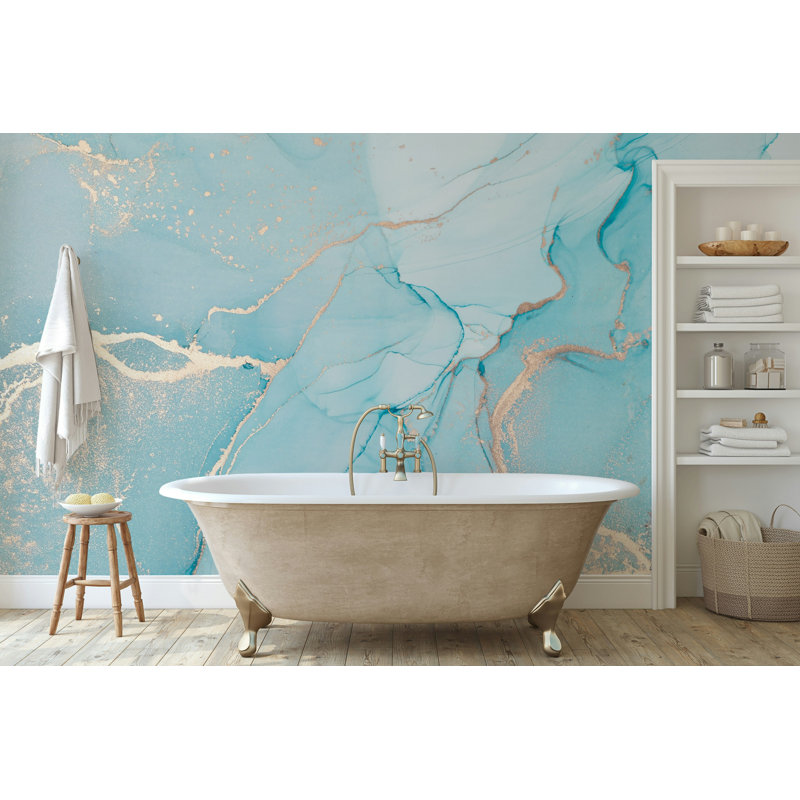 Blue Marble Gold Vein Abstract Wallpaper, 100"L x 150"W