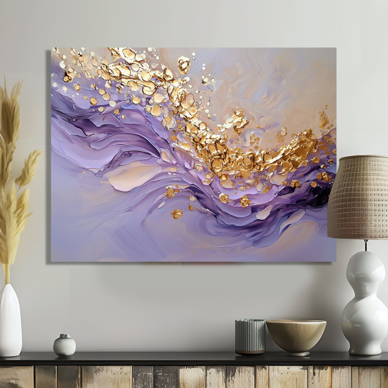 Géode dorée et mauve, pierres, rivière I - paysages, impression sur métal, H 12 po x l 20 po