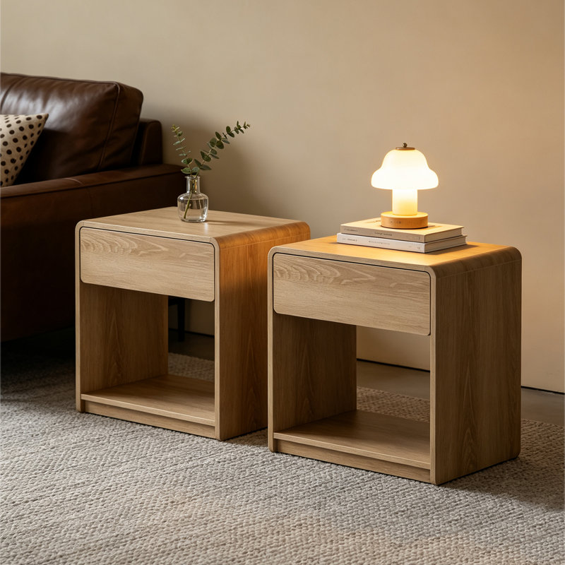 Ensemble de tables de chevet de style Mid-Century moderne, 2 pièces, avec tiroirs de rangement et tablettes ouvertes, table d'appoint de chambre à coucher avec coins arrondis, ensemble de tables de chevet compactes, couleur chêne