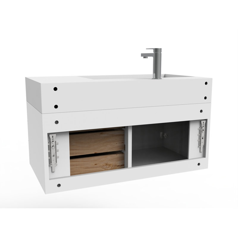 Ensemble de meuble-lavabo mural simple 36 po Bassi, Blanc, Blanc, Doré
