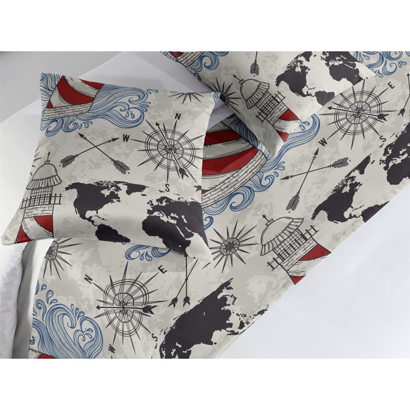 Ambesonne Nautical Vibes Bed Runner Set Adventure Lighthouse Pale Eggshell Raspberry, King