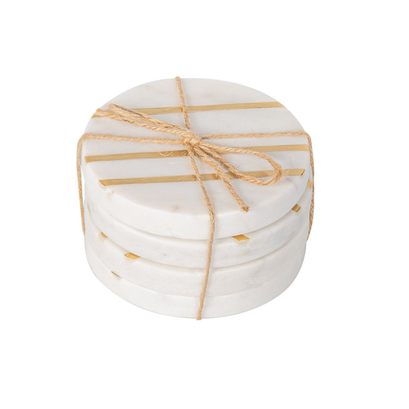 White Marble and Gold Inlay Round Coaster Set