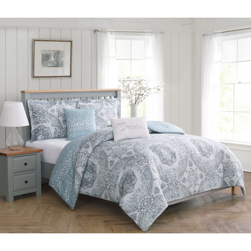 Twin Blue Microfiber Reversible Comforter Set with Geometric Print