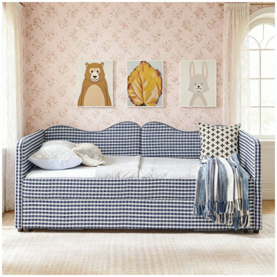 Lit de jour simple, lit de jour rembourré en vichy équipé d'un cadre de lit gigogne escamotable et d'une poche de rangement latérale, canapé-lit multifonctionnel en bois massif pour chambre d'enfant et chambre d'amis - bleu