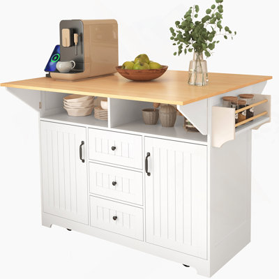 55.7'' Large Kitchen Island With 2 Drop Leaf,, Rolling Kitchen Cart On 5 Wheels With Power Outlet, Folding Storage Dining Table With Spice & Towel Rack , 3 Drawers, For Kitchen, Dining Room,White