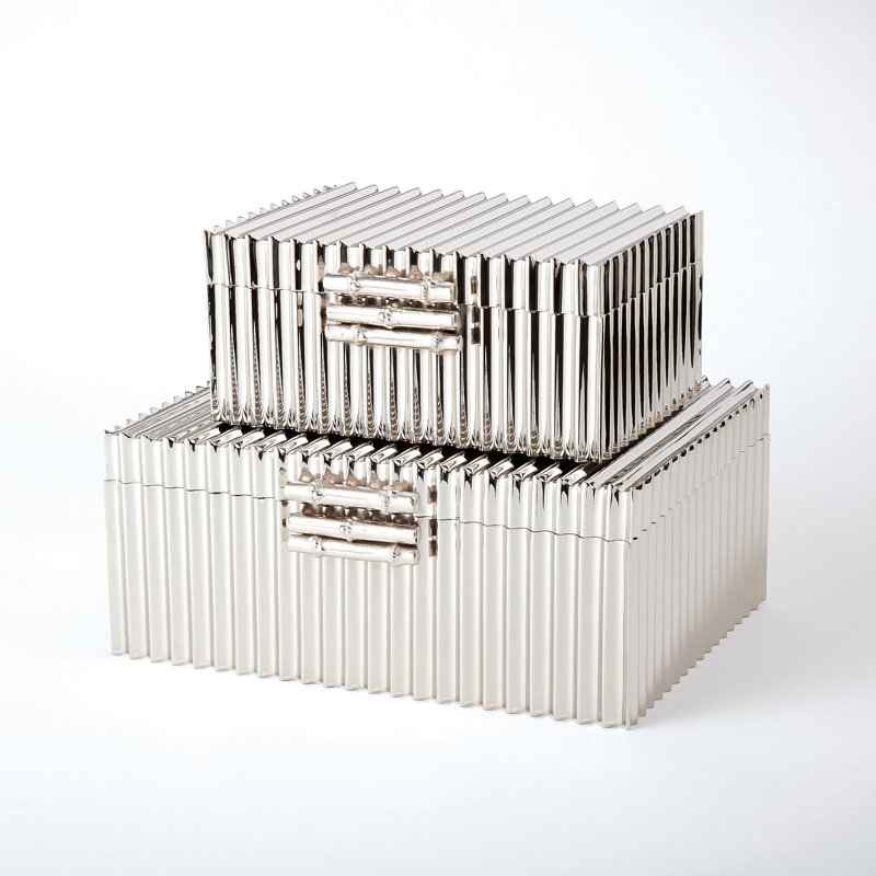 Corrugated Bamboo Box-Brass-Lg, Nickel, 4" H x 9" W x 6" D