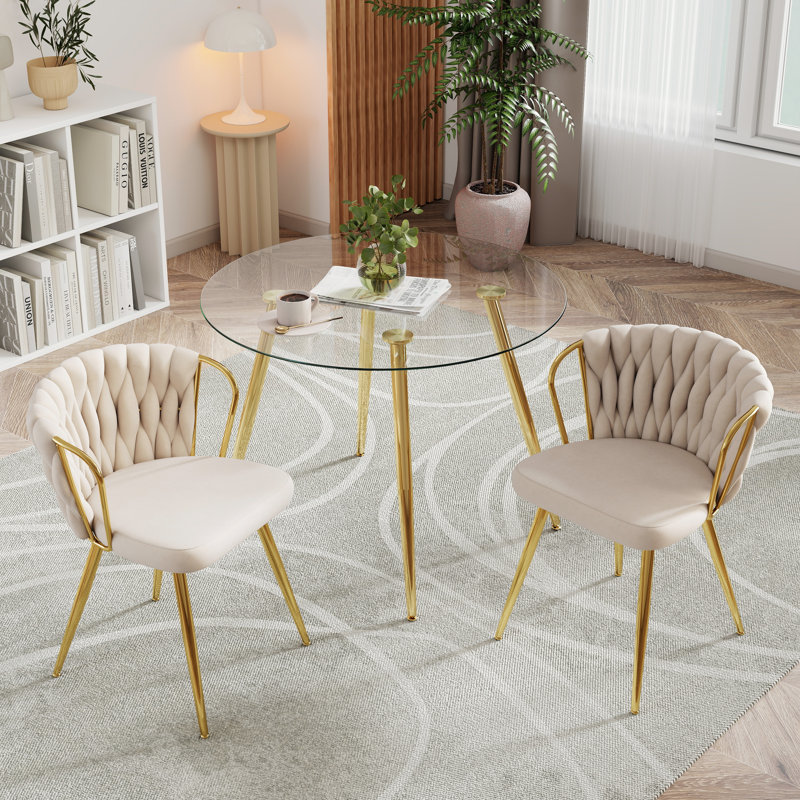 3-Piece Round Glass Dining Table Set For 2, Beige/Gold