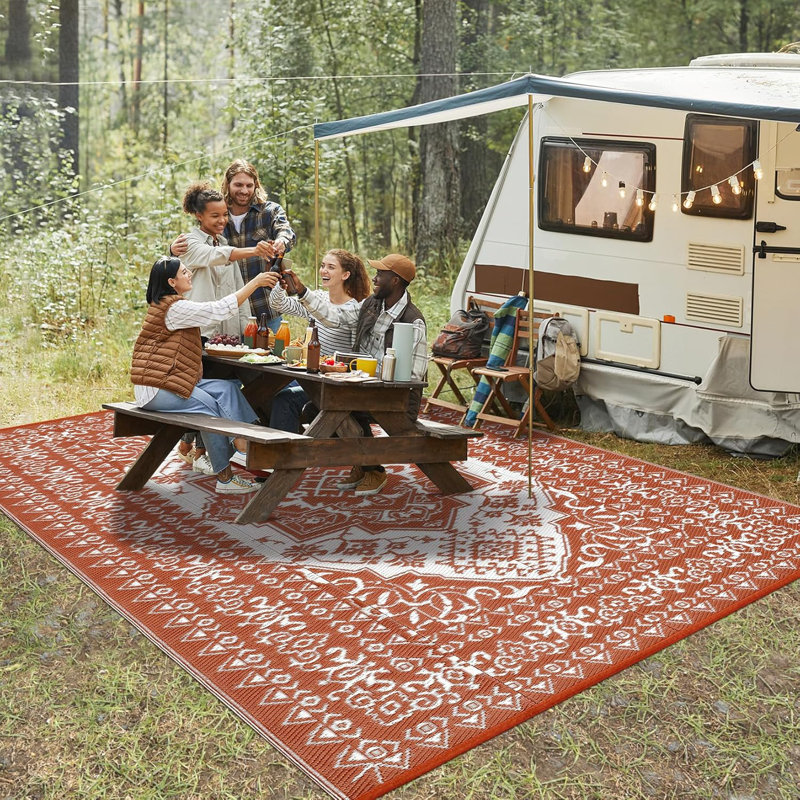 Outdoor Waterproof Reversible Rug – Vintage Medallion Patio & Porch Mat with Portable Bag & Stakes for RV, Camping, Backyard, Deck, Balcony
