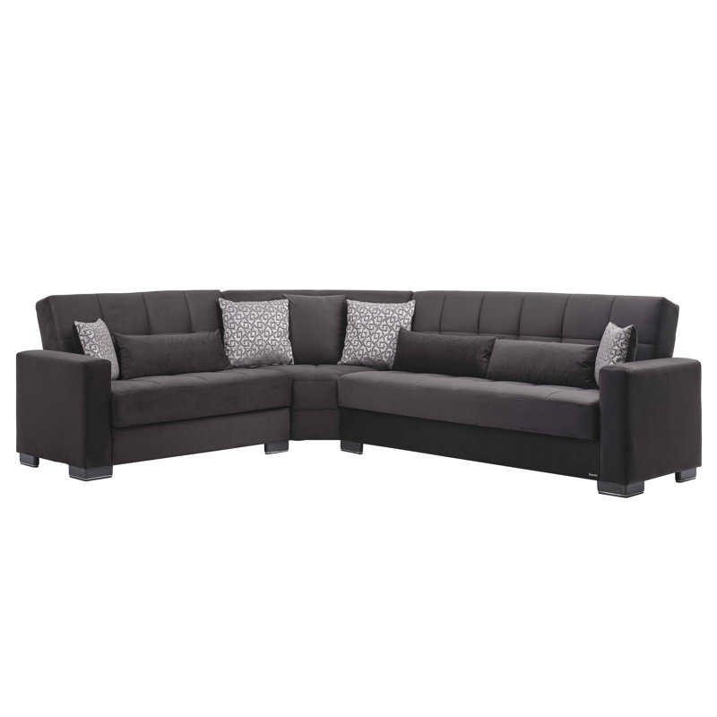 Cailum Legacy Reversible L-Shaped Sleeper Sofa Sectional w/ Storage Seats for Living Room, Black Microfiber, Brown/White