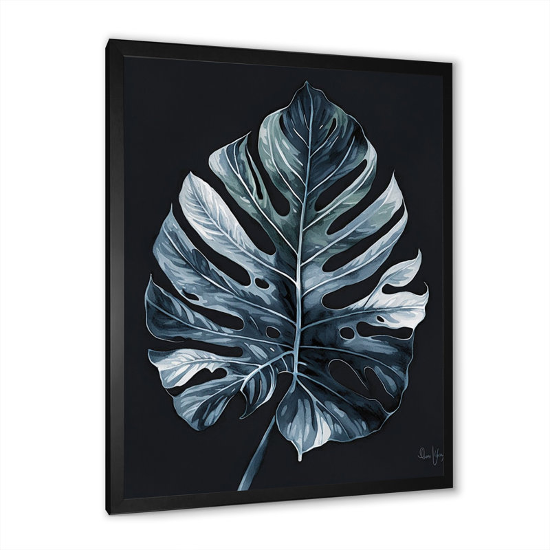 «Blue and White Philodendron Leaf II», reproduction sur toile, Impression noire sur toile encadrée, L 12 po x H 20 po