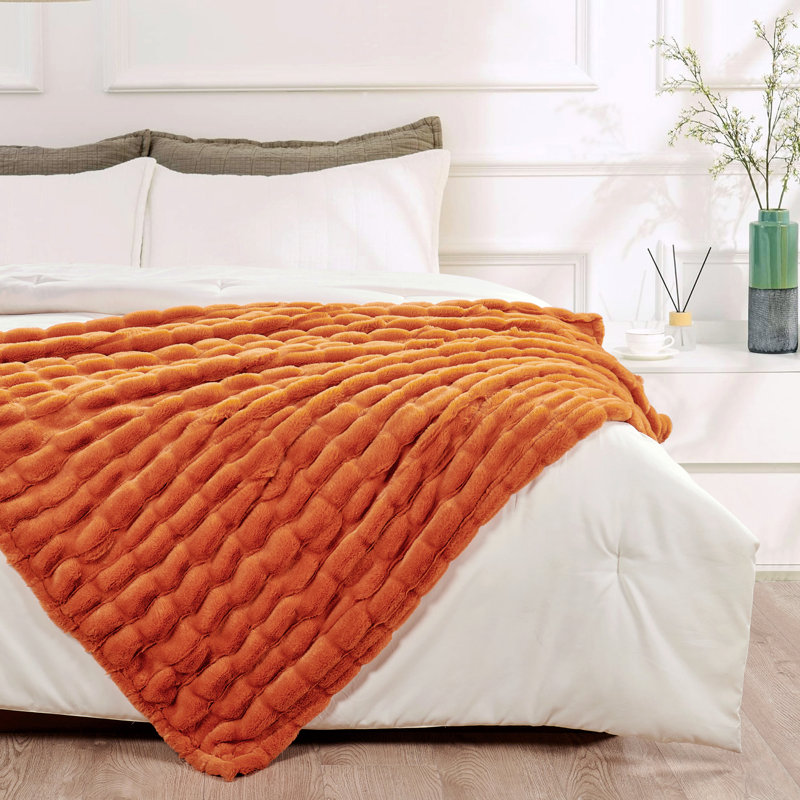  Jeté en fausse fourrure extensible, Orange brûlé, L 50 po x L 60 po