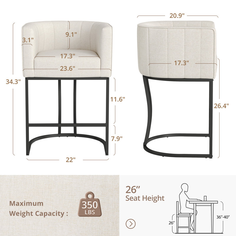 Kuenn 26.4" H Counter Height Bar Stools Set Of 2, Modern Barrel Counter Stools With Backrest And Arms, Metal Legs, Upholstered Accent Barstools For Kitchen Island