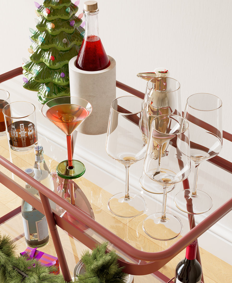 Bar cart with glasses, cocktail, wine and bottles.