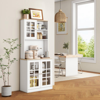 Kitchen Pantry Cabinet, 72" Freestanding Storage Cabinet With Hutch, Large Countertop, Glass Doors And Adjustable Shelves, Microwave Cabinet, Coffee Bar Cabinet For Dining Room