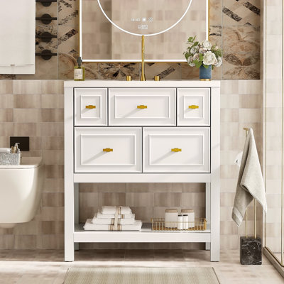 Ensemble de meuble-lavabo simple 30 po avec 5 tiroirs, ensemble de meuble-lavabo autoportant avec cadre en bois massif 30 po