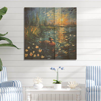 Blue Duck At The Pond I - Duck Animal On Wood Print