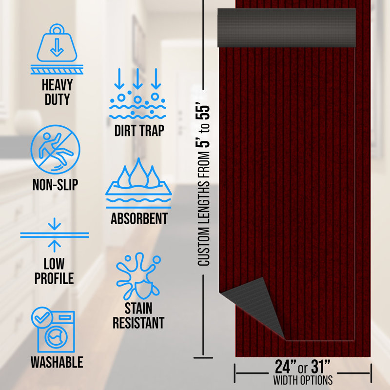 Heavy-Duty Utility Runner Rug Mat – 31 in. Wide x Custom Length - Slip Resistant Rubber Backing , All-Weather, Absorbent, Dirt-Trapping, Kid and Pet Safe, Easy To Trim for Entryways and High-Traffic Areas, Deep Brick Red