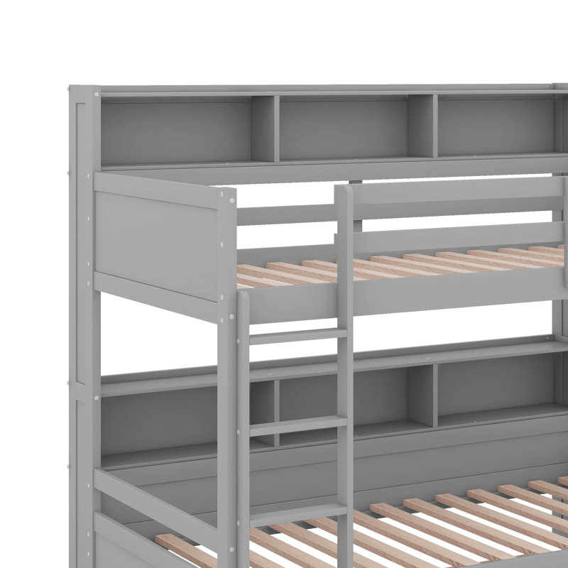 Lit mezzanine double avec bureau et tablettes, deux tiroirs intégrés, Gris