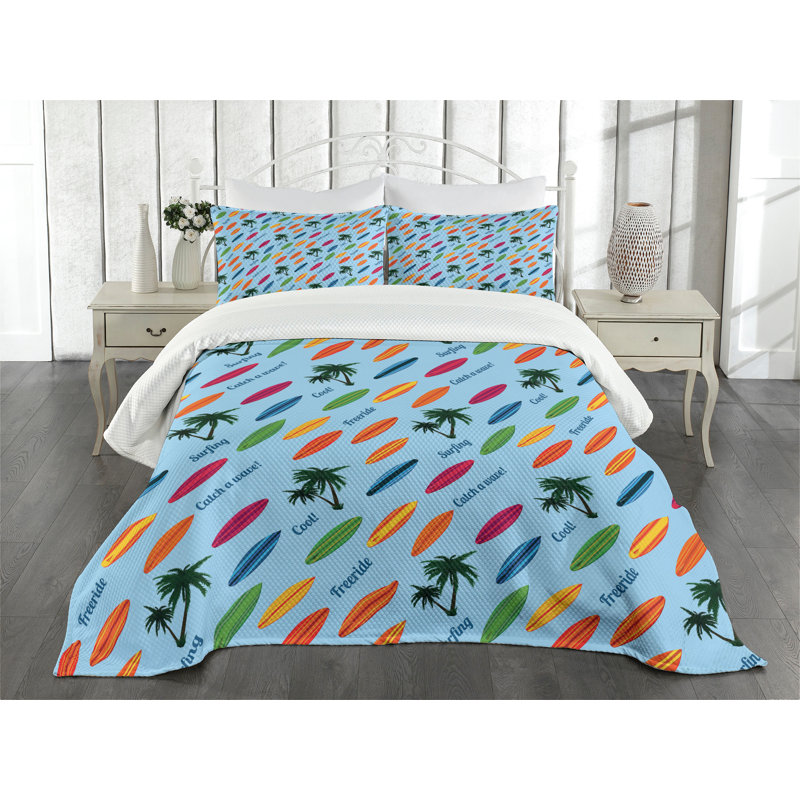 Ambensonne Surfboard Bedspread Exotic Multicolor Multicolor, King Coverlet/Bedspread + 2 Pillow Shams