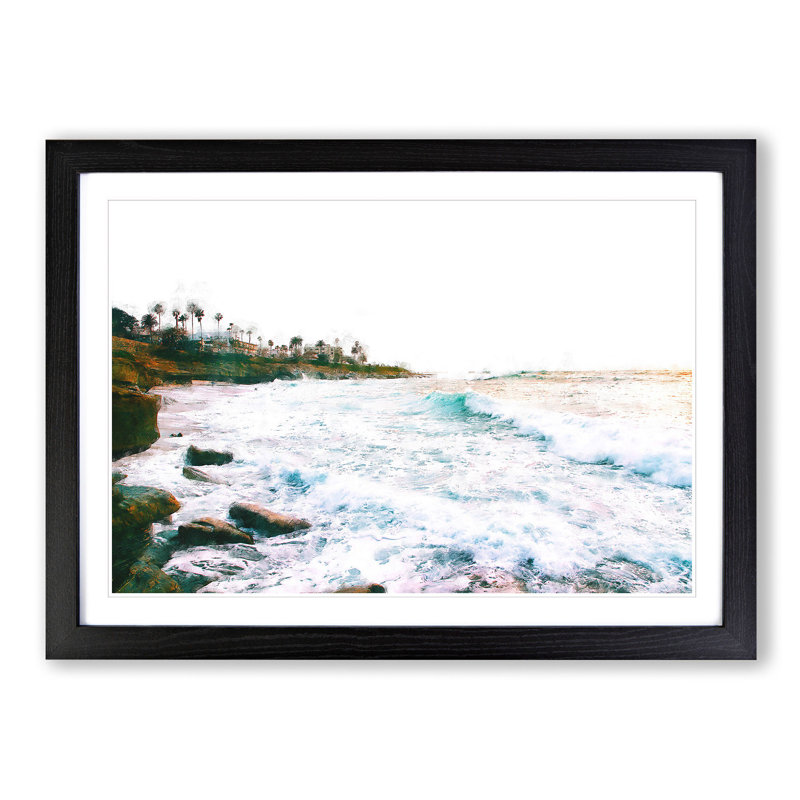 San Diego Seascape 1 Piece Single Picture Frame Painting on MDF, 45cm H x 63cm W x 2cm D, Black Framed