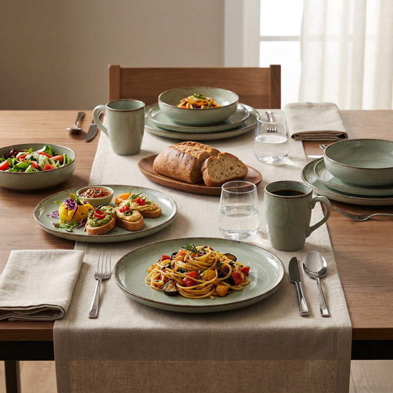 Service de table en porcelaine Kaden Reactive Glaze Green (service de 16 pièces pour 4 personnes)