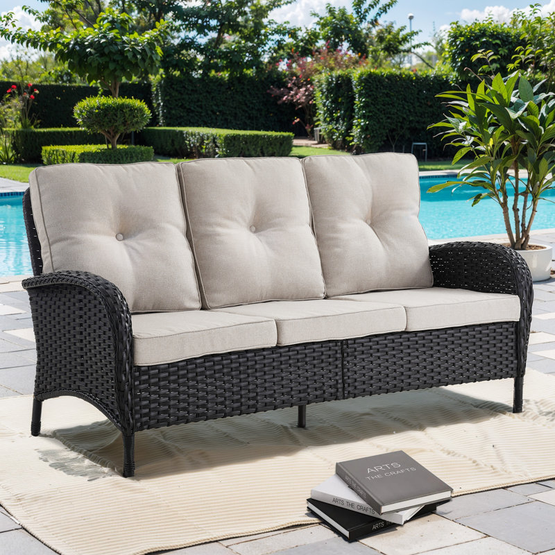 Oursler 72'' Wide Straight Wicker Patio Sofa with Cushions, Beige, Black